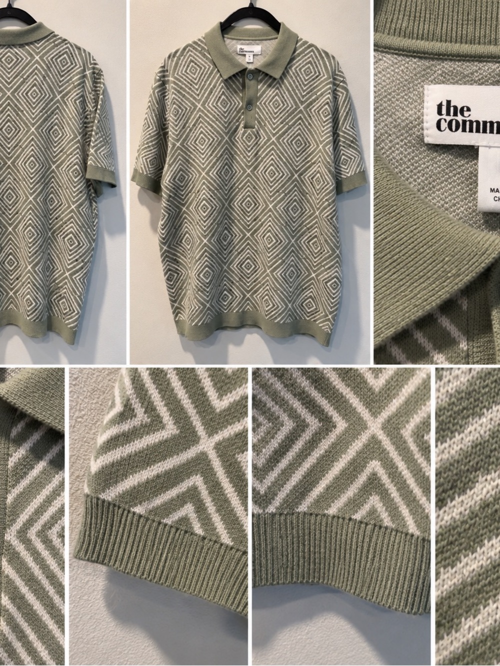 The Commonfolk Sage Green Geometric V-Neck Polo Sweater